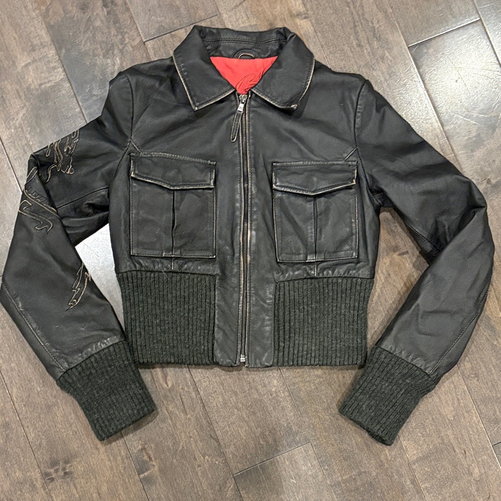 BSB Black Bomber Leather Bomber Jacket with Embroidered Details- Medium